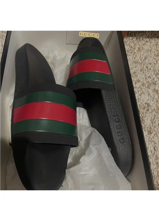 Gucci Black Slides with Green and Red Stripe Men's Sandals