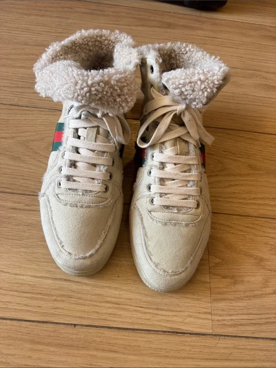 Gucci Cream Suede High-Top Sneakers with Green-Red Web Stripe