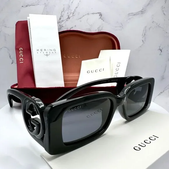 New Gucci Sunglasses Black Rectangle Square GG Logo Triple Black 54mm