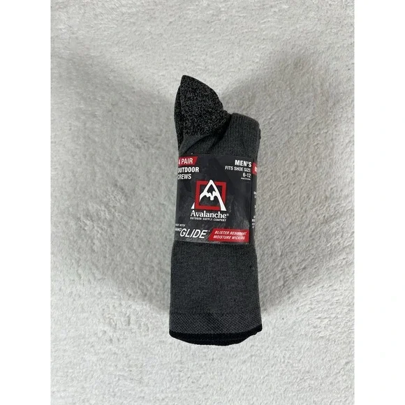 Avalanche Nano Glide Men's Outdoor Crew Socks Size 6-12 Black & Grey‎ 4 Pack NWT