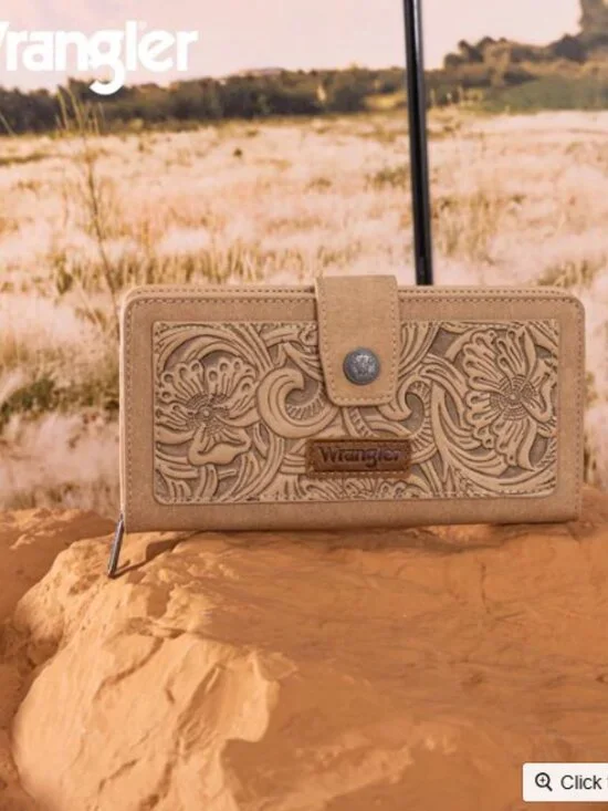 Wrangler Floral Tooled RFID Wallet Wristlet-Tan NWT