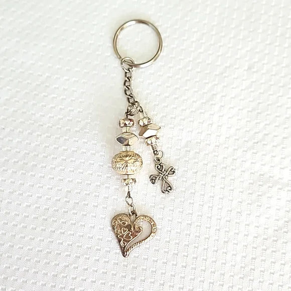 Faith And Love Silver Toned Cross And Heart Keychain Keyring Handmade