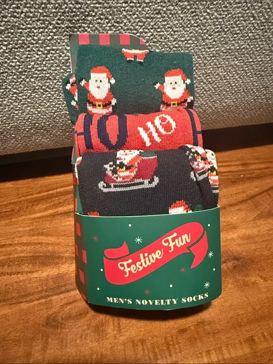 Festive Fun Men's Christmas Novelty Socks - Santa Print (3-Pack)