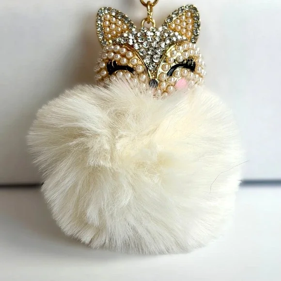 Sparkly Fox Keychain Pearl Rhinestone Faux‎ Fur Pom Pom Bag Charm Coquette Boho