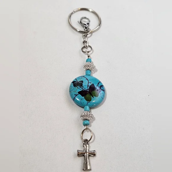 Handmade Turquoise Butterfly & Cross Keychain Charm