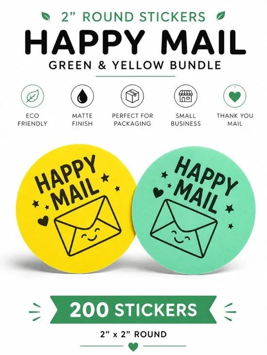200 Happy Mail Packaging Stickers 2inch Round Matte Small Business Labels