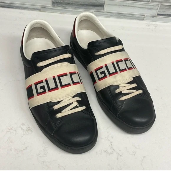 GUCCI 523469 ACE MEN'S SHOES BLACK CALF-SKIN LEATHER CASUAL SNEAKERS