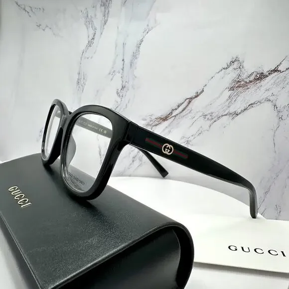 New GUCCI Eyeglasses 53-19-140 Black Square GG Logo Red Green Web Women Rx-able