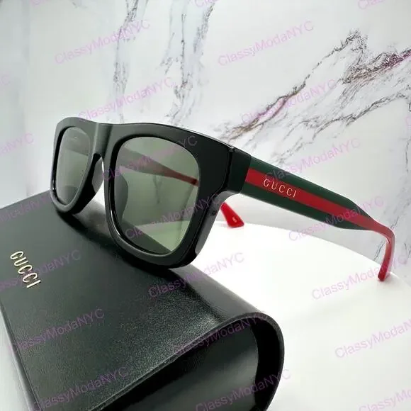 New GUCCI Sunglasses Mens 52mm Black Square Rectangle Aviator Red Green Web Arm
