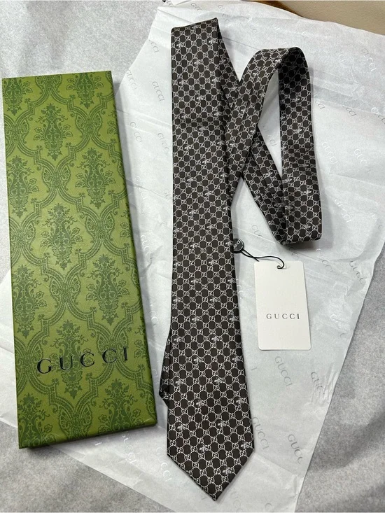 Gucci Brown GG Silk Tie with Ivory Monogram