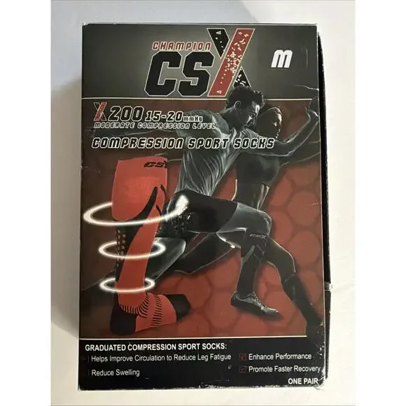 Champion CSX x200BR-M Compression Sport Socks 15-20mmHg Black Red Medium Gift