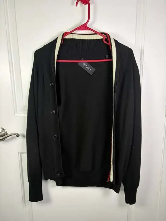 Gucci Men's Black Wool Button-Front Cardigan with Signature Web Trim