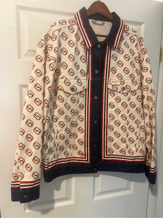 Gucci Cream Logo-Print Cotton Jacket with Navy & Red Trim