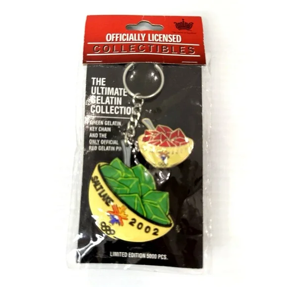 Salt Lake 2002 Olympics Aminco LE 5000 RED /GREEN JELLO KEYCHAIN PIN Set NIP