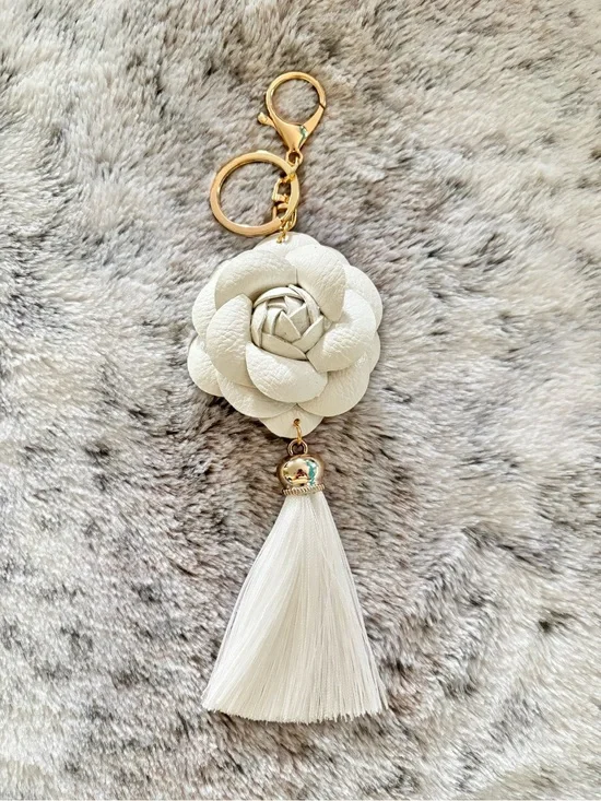 White Faux Leather Camellia Flower Tassel Keychain Bag Charm New