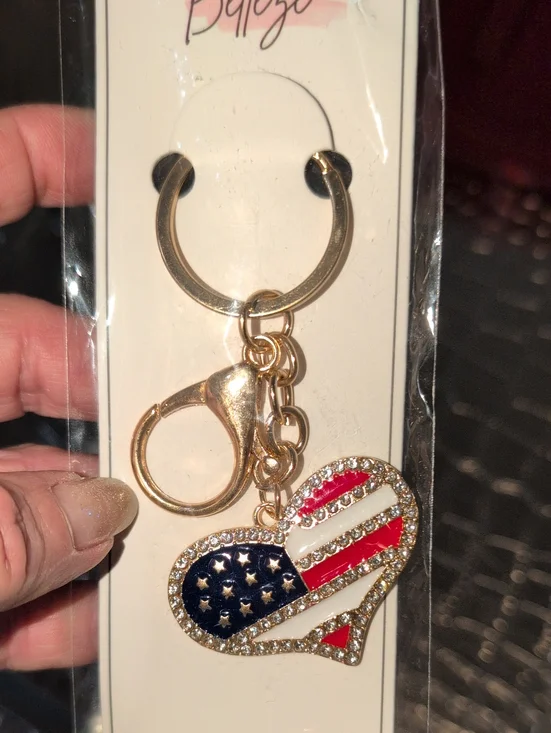 Gold-Tone American Flag Heart Keychain Charm