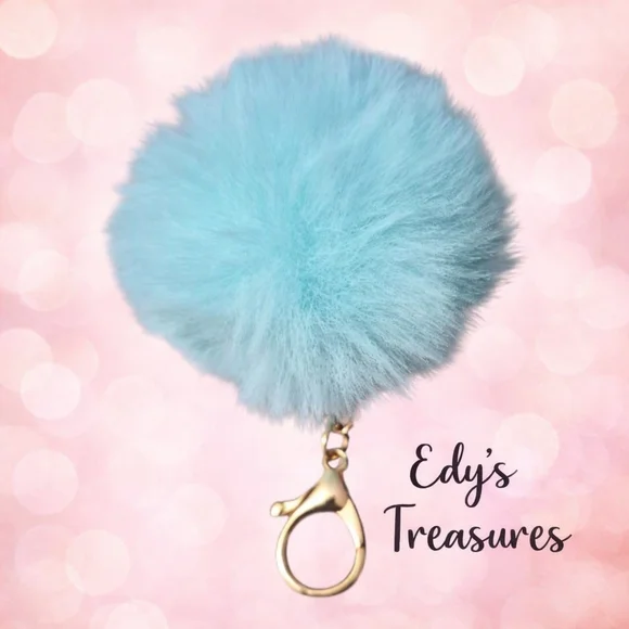 Light Blue Faux Fur Pom Pom Keychain Purse Charm & Bag Accessory