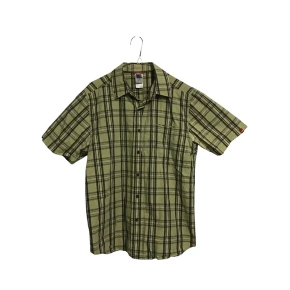 The North Face Button Down Shirt Mens Small Green Plaid Short Sleeve Hiking