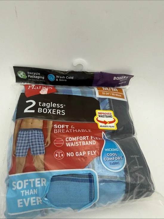 Hanes 2-Pack Tagless Boxers cool wicking flex waistband sz M 32-34 blue plaid