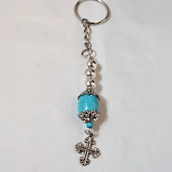Elegant Turquoise And Silver Cross Keychain Purse Charm