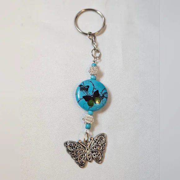 Handmade Turquoise Butterfly Silver Beaded Butterfly Charm, Keyring, Purse Charm
