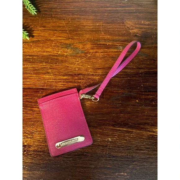 Michael Kors Jet Set Pink Leather ID Lanyard Badge Holder Gold Logo