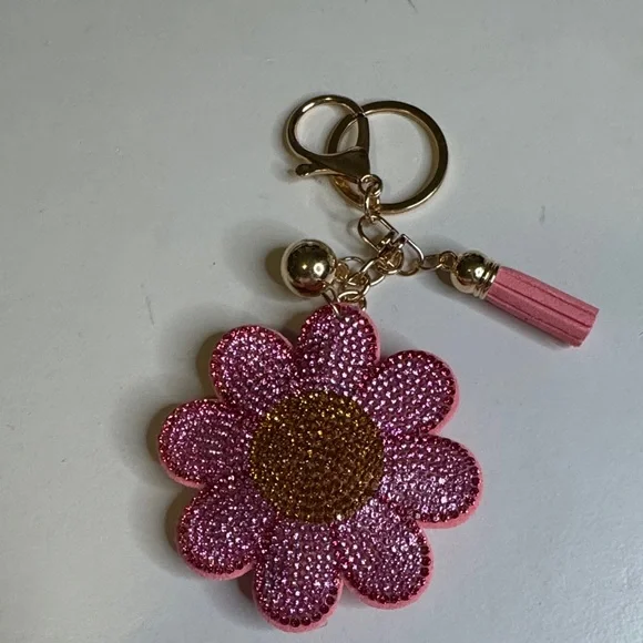 Pink Flower Keychain with Gold Accents
