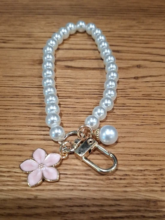 Pearl Beaded Keychain/Bag Charm with Pink Flower