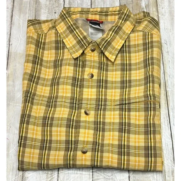 The North Face Mens Yellow‎ Plaid Short Sleeve Button Up Hiking Shirt Large