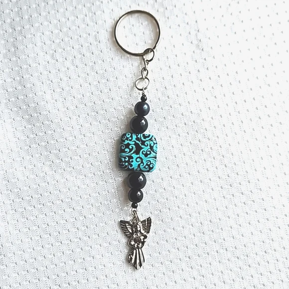 Guardian Silver Angel Black Blue Beaded Keychain, Keyring, Handmade