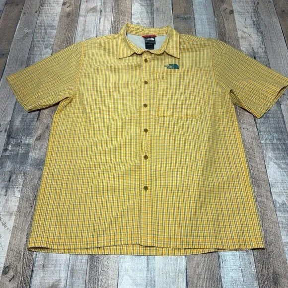 The North Face Button Up Shirt Mens Medium Yellow Plaid Short Sleeve Hiking