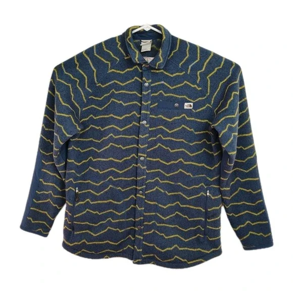 The North Face Gordon Lyons Shacket Men's XL Blue w/ Yellow Stripes Snap Up