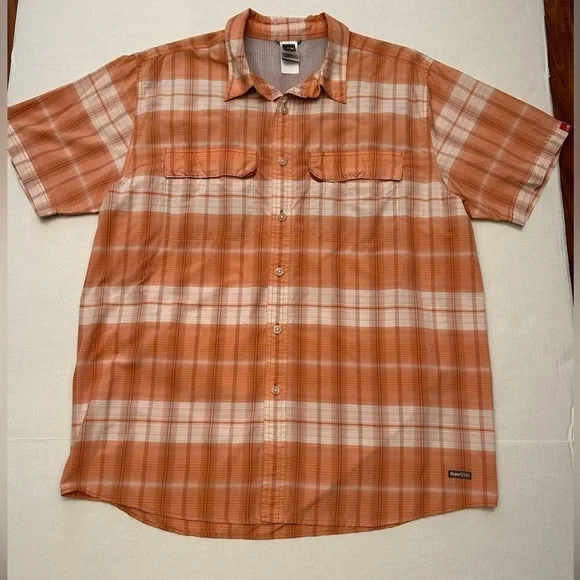 The NorthFace orange & white vapor-wick plaid button down mens shirt Sz XL. D20