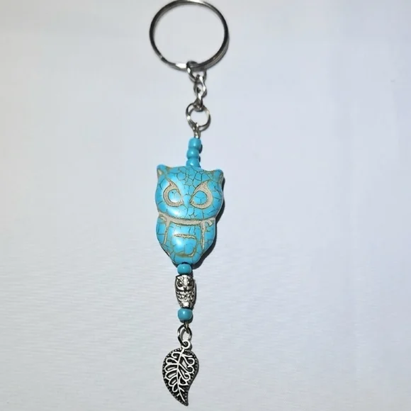Turquoise Owl Charm With Silver Leaf Charm Keyring Handmade