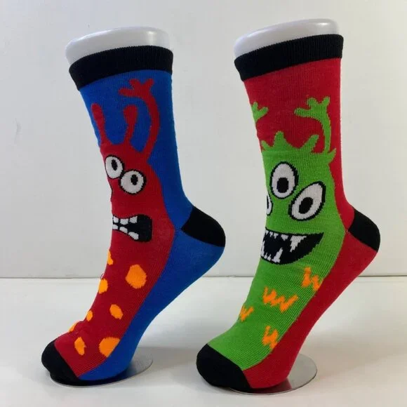 Set 2 Monster-Themed Crew Socks Fun Colorful Prints Crazy Cartoon Faces