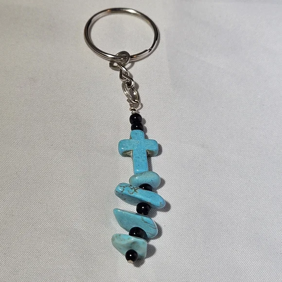 Turquoise Cross Stone Black Beaded Keychain, Keyring