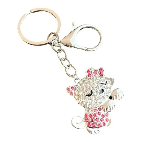 Women's Silver Pink Rhinestone Cat Charm Key Chain Bling Crystal 4
