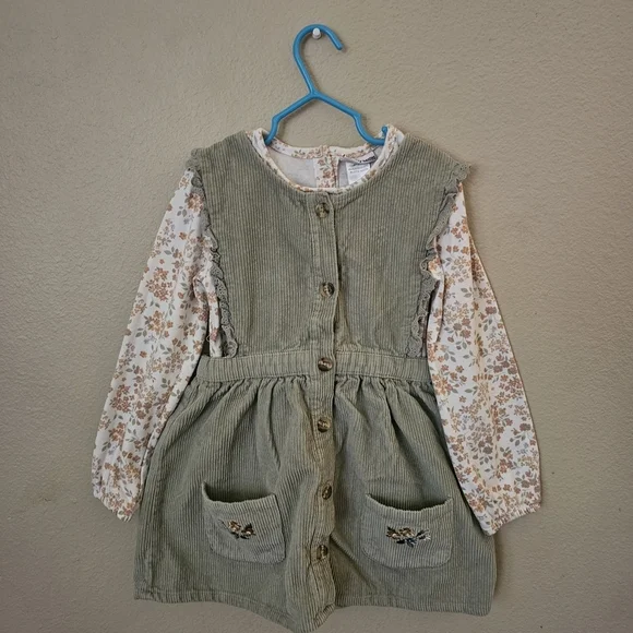 Daisy Fuentes Green Matching Set with Cuoduroy Dress Floral Long Sleeve Tee