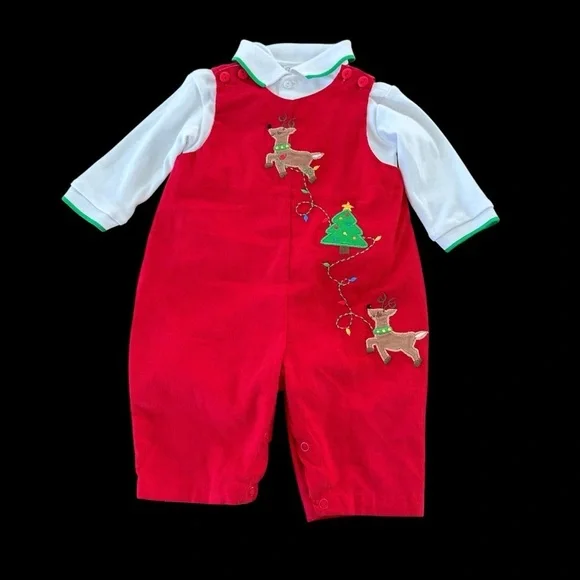 NWT Petit Ami size‎ 6 months Baby Boys Red Corduroy Reindeer Overall Set 2 Piece