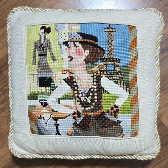 Elegant Parisian Themed Decorative Needlepoint Pillow