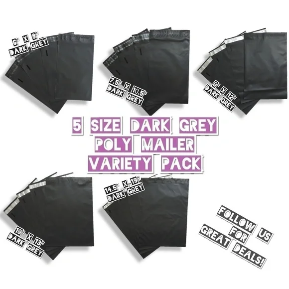 100 Dark Grey Poly Mailer Mix Size Bundle (20 ea)