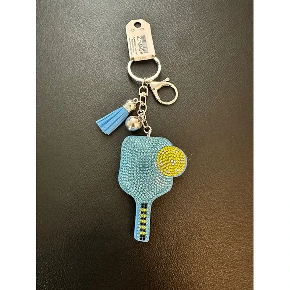 Sparkling Pickleball Paddle Keychain Rhinestone Bling Tassel Charm Bag Accessory