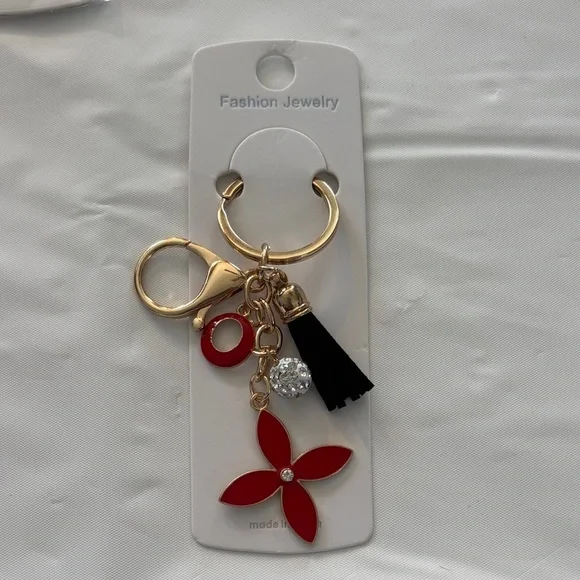 Fashion Jewelry Gold and Red Floral Keychain/Bag Charm