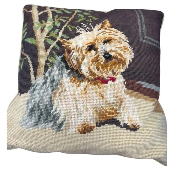 Vintage Yorkie Yorkshire Terrier dog‎ pillow Accent Throw Needlepoint READ