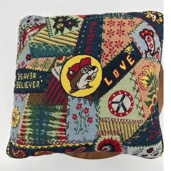 Buc-ee's Woven Tapestry Patchwork Throw Pillow Multi 14x14 Peace Love Beaver