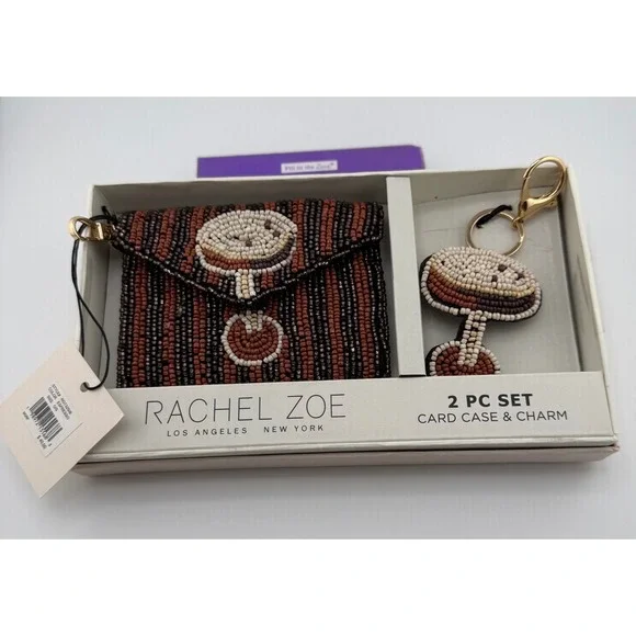 Rachel Zoe Espresso Beaded Mushroom Card Case & Bag Charm 2 Piece Set NWT In Box