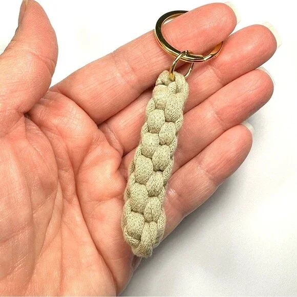 Tan Box Knot Keychain Gold Ring Braided T-Shirt Yarn Macrame Nautical Lanyard