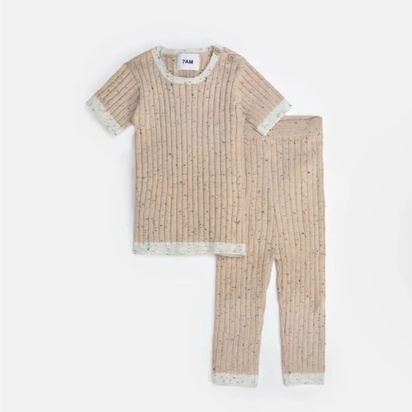 Beige Tan Ribbed Short Sleeve Top & Bottom Set - Cozy Matching Outfit - Cotton