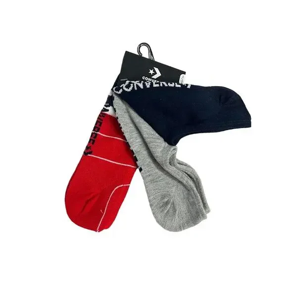 NEW! Converse 3 Pack Flat Knit‎ Ultra Low Socks Navy/Red/Gray Mens 6-12