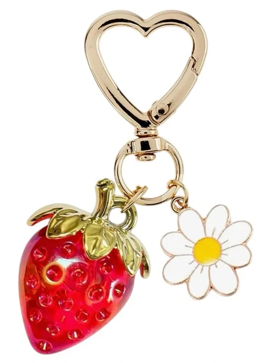 NEW Gold Heart Keychain with Red Strawberry & White Daisy Charms